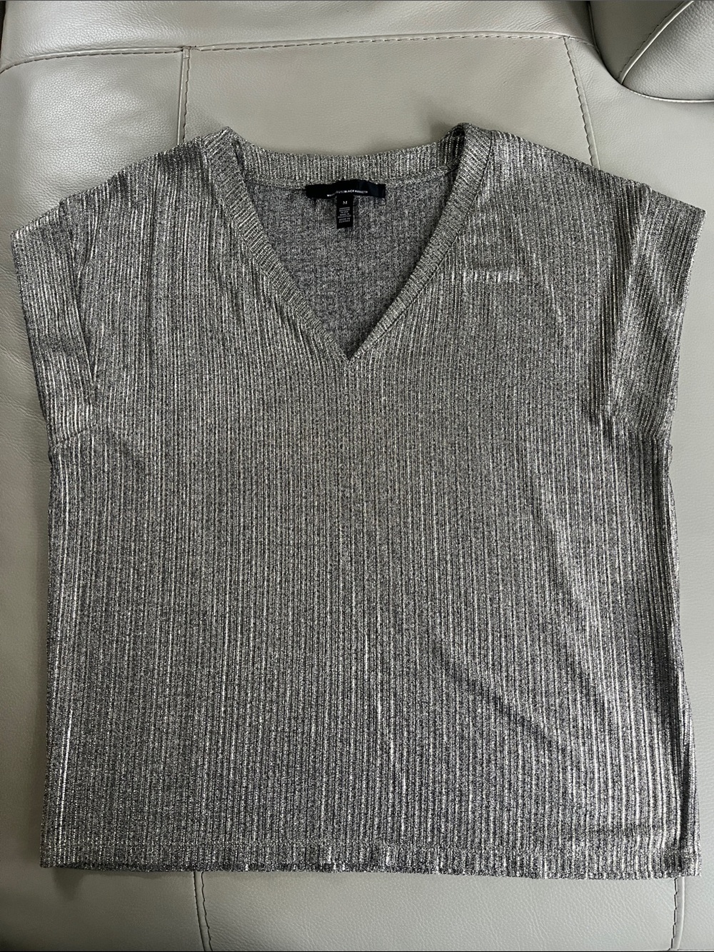 White House Black Market Metallic Gray Ribbed V-Neck Top